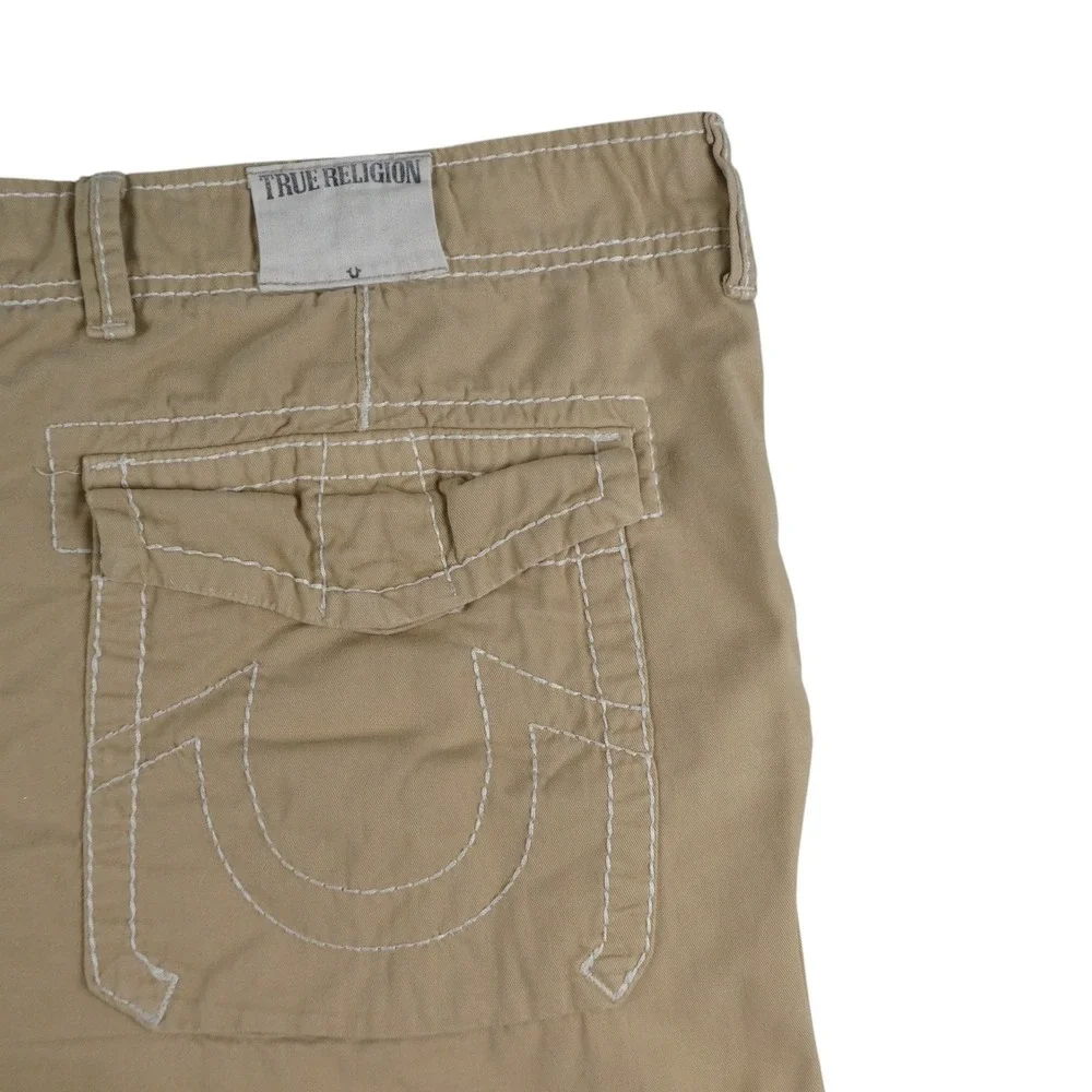 True Religion Shorts Mens 50 Tan Cargo Cotton Drawstring Flap Pocket Utility EUC